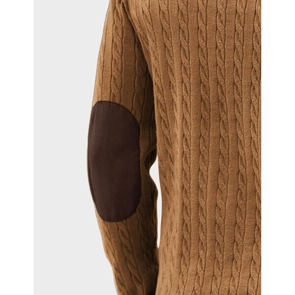 Men's Cable Knit Pullover Sweater Long Sleeve Stand Collar Button Up Light Brown - Picture 5 of 6